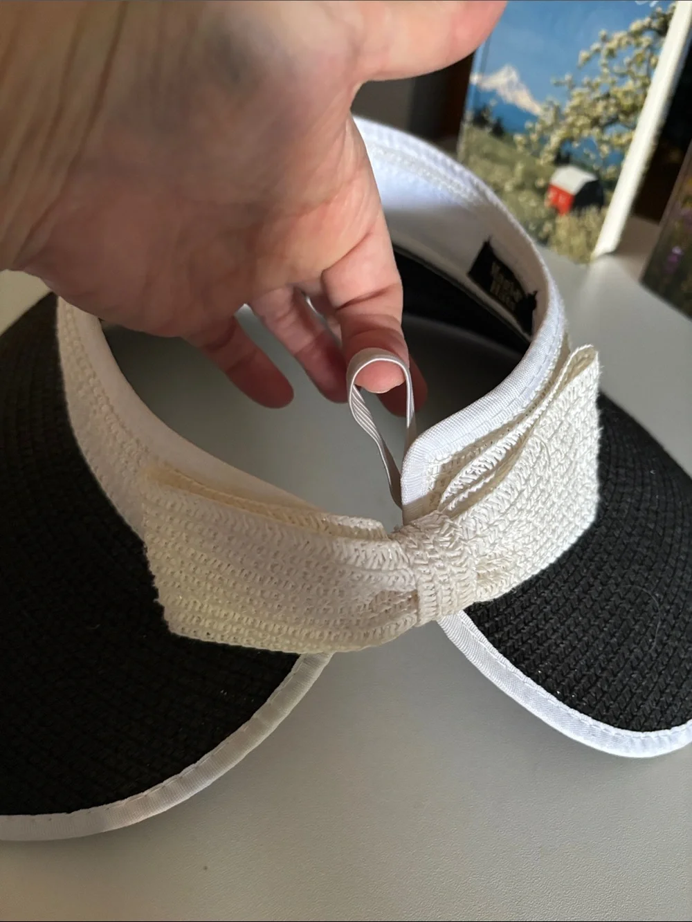 Women’s Black and White Straw Visor Hat with Adjustable Band